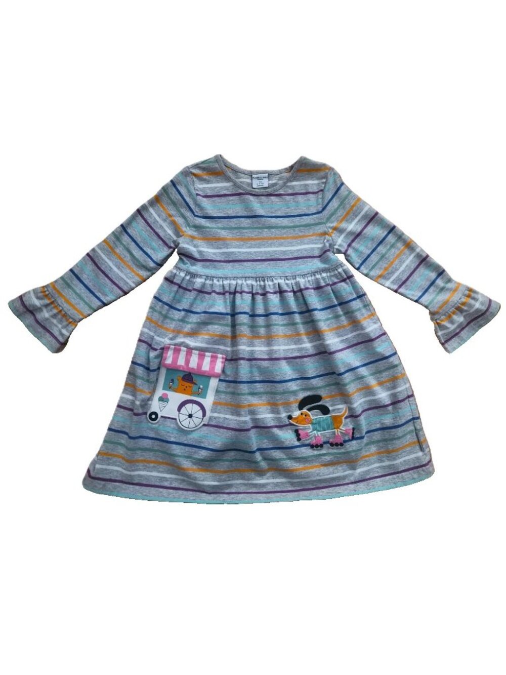 Polarn O Pyret Gray Multicolor Stripe Dress Puppies Ice Cream Size 4-5 Years